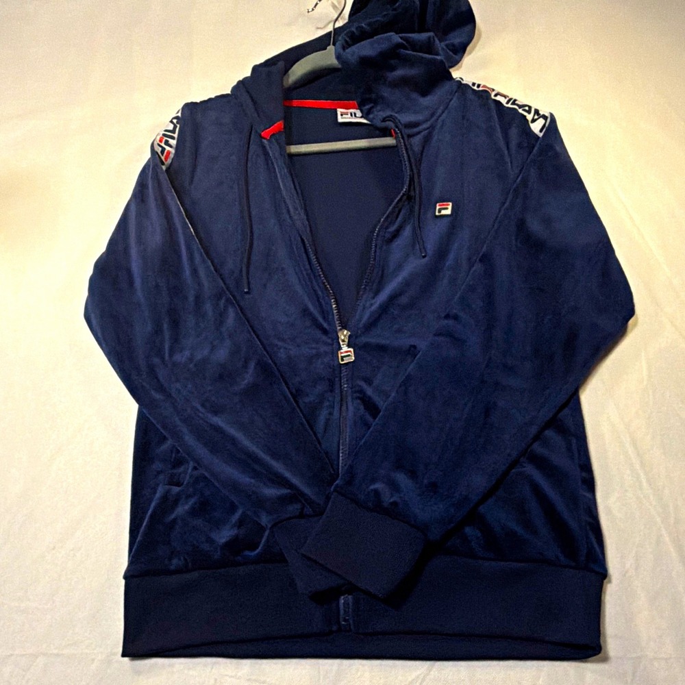 FILA Navy Velour Full Zip Hoodie Pockets Logo Tape Sleeves Woman's M Y2K